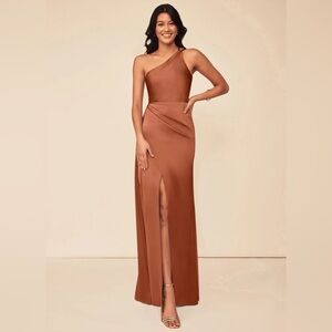 Azazie Maron Cedar Rose A-Line One Shoulder Dress